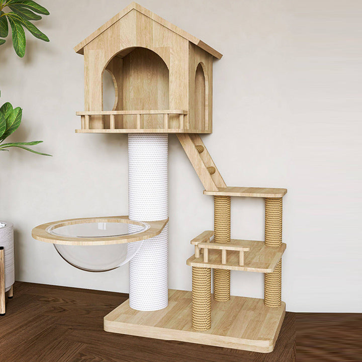 Arbre à chat contemporain scandinave rectangulaire en bois d’hévéa massif, panneau en bois, tube en papier, corde de chanvre, 2 condos, 2 perchoirs, pour chambre à coucher 