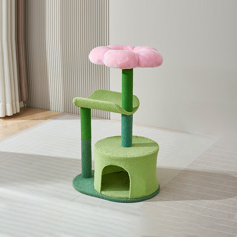 Contemporary Creative Round Particleboard Hemp Rope Velvet Fabric Cat Tree 1-Condo 2-Perch For Living Room