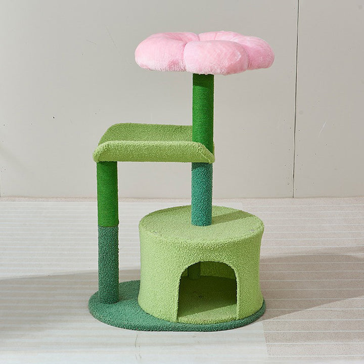 Contemporary Creative Round Particleboard Hemp Rope Velvet Fabric Cat Tree 1-Condo 2-Perch For Living Room