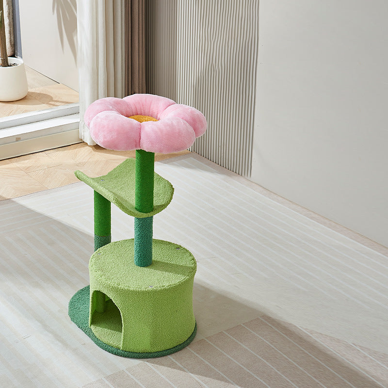 Contemporary Creative Round Particleboard Hemp Rope Velvet Fabric Cat Tree 1-Condo 2-Perch For Living Room