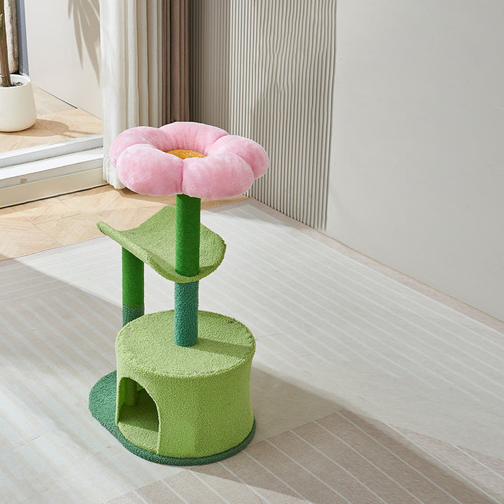 Contemporary Creative Round Particleboard Hemp Rope Velvet Fabric Cat Tree 1-Condo 2-Perch For Living Room