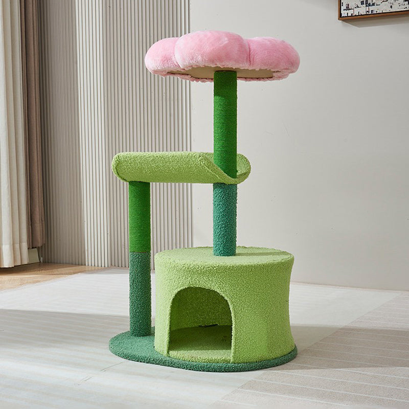 Contemporary Creative Round Particleboard Hemp Rope Velvet Fabric Cat Tree 1-Condo 2-Perch For Living Room