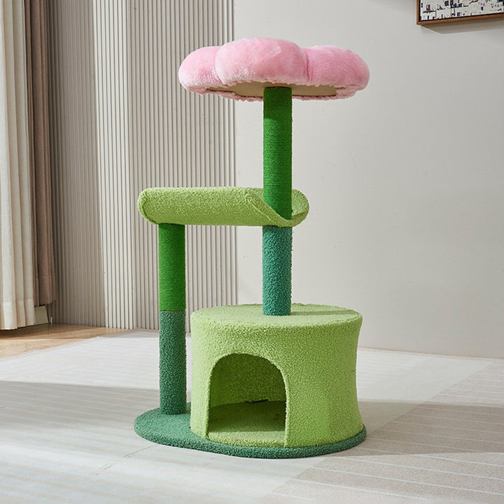 Contemporary Creative Round Particleboard Hemp Rope Velvet Fabric Cat Tree 1-Condo 2-Perch For Living Room