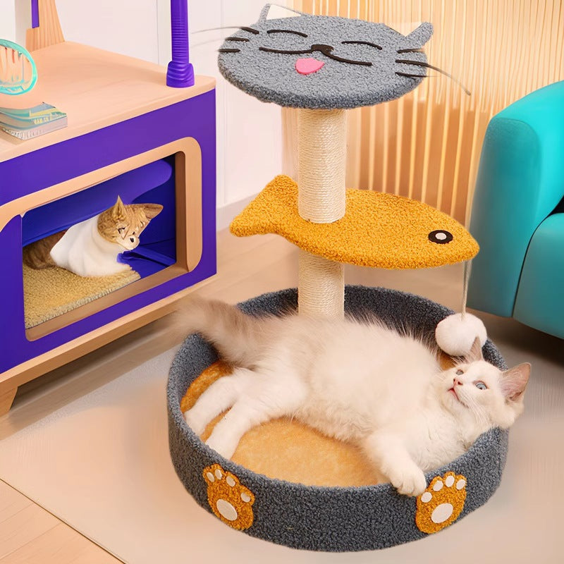 Arbre à chat contemporain en panneau de fibres de densité moyenne, corde de chanvre, tissu en velours, 2 perchoirs pour salon 