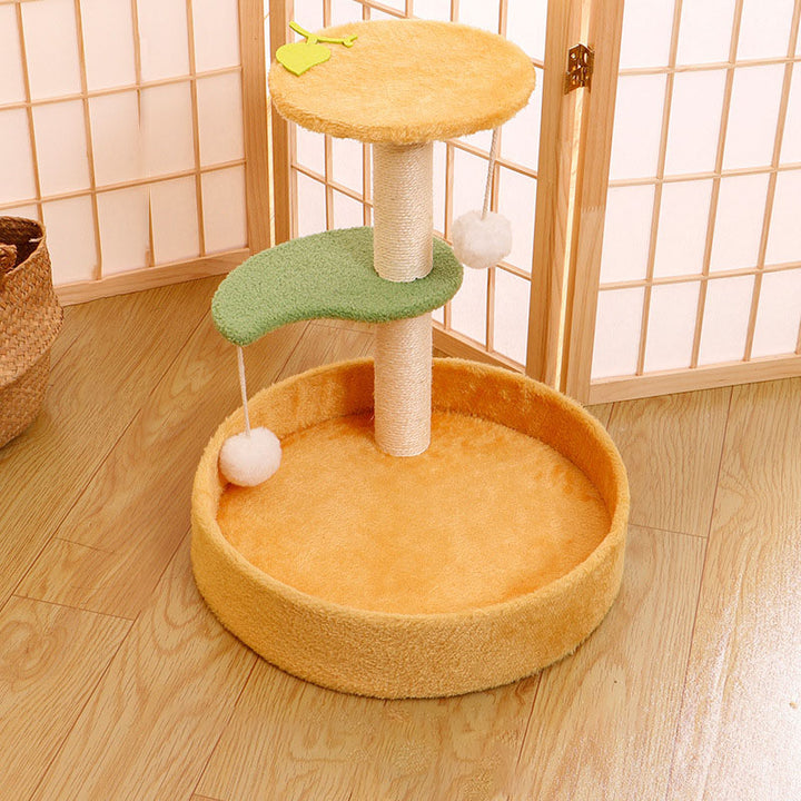 Arbre à chat contemporain en panneau de fibres de densité moyenne, corde de chanvre, tissu en velours, 2 perchoirs pour salon 