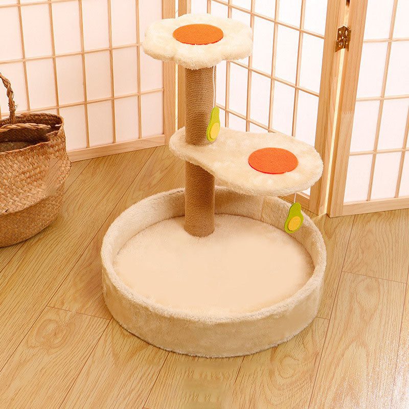 Arbre à chat contemporain en panneau de fibres de densité moyenne, corde de chanvre, tissu en velours, 2 perchoirs pour salon 