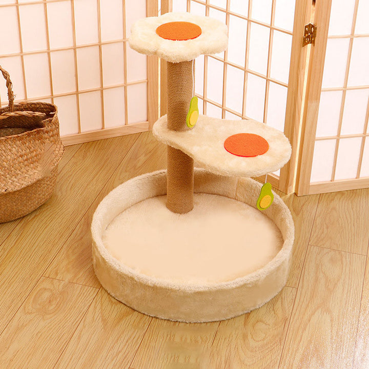 Arbre à chat contemporain en panneau de fibres de densité moyenne, corde de chanvre, tissu en velours, 2 perchoirs pour salon 