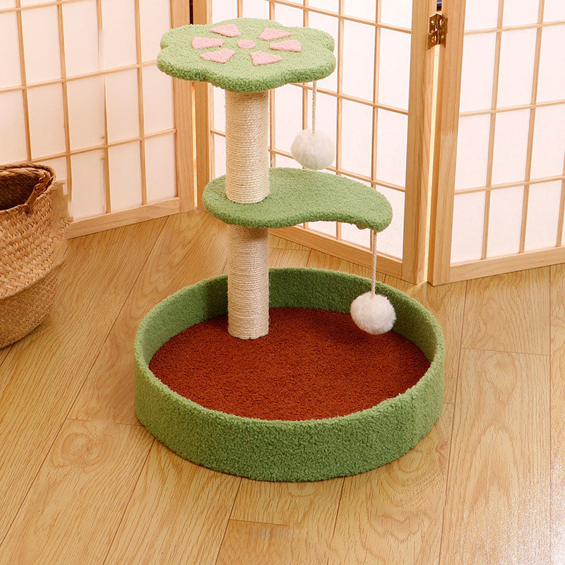 Arbre à chat contemporain en panneau de fibres de densité moyenne, corde de chanvre, tissu en velours, 2 perchoirs pour salon 