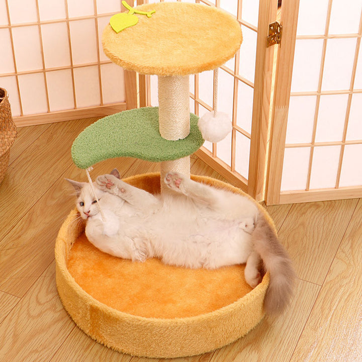 Arbre à chat contemporain en panneau de fibres de densité moyenne, corde de chanvre, tissu en velours, 2 perchoirs pour salon 