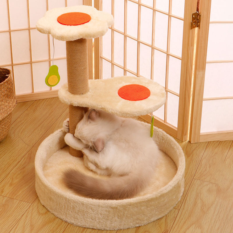 Arbre à chat contemporain en panneau de fibres de densité moyenne, corde de chanvre, tissu en velours, 2 perchoirs pour salon 