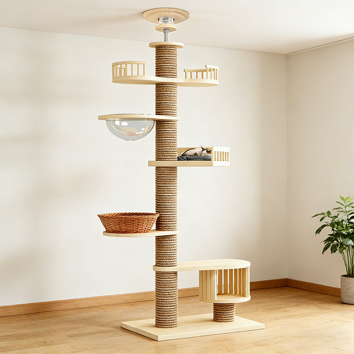 Moderner, kreativer Katzenbaum aus Rundholz, Sperrholz und Hanfseil mit 3 Liegeflächen und 3 Höhlen für das Wohnzimmer 