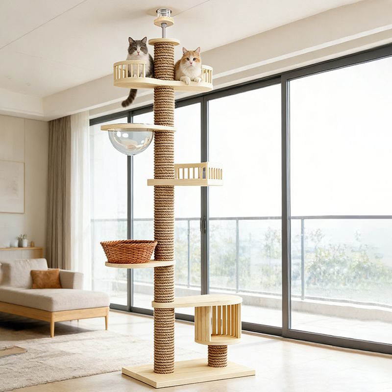 Moderner, kreativer Katzenbaum aus Rundholz, Sperrholz und Hanfseil mit 3 Liegeflächen und 3 Höhlen für das Wohnzimmer 