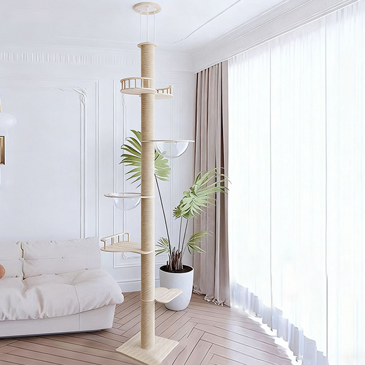 Contemporary Creative Round Plywood Hemp Rope 4-Perch 2-Condo Cat Tree For Living Room