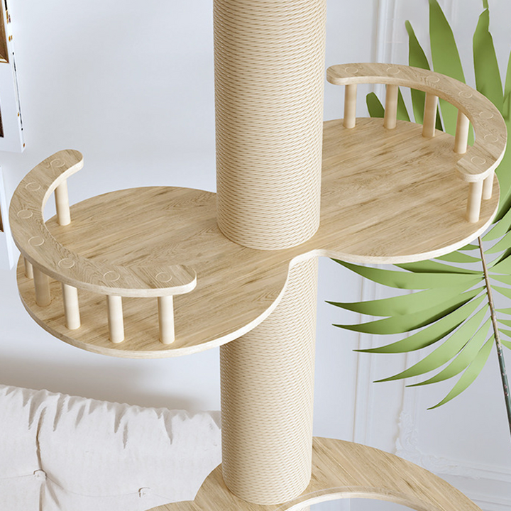 Contemporary Creative Round Plywood Hemp Rope 4-Perch 2-Condo Cat Tree For Living Room