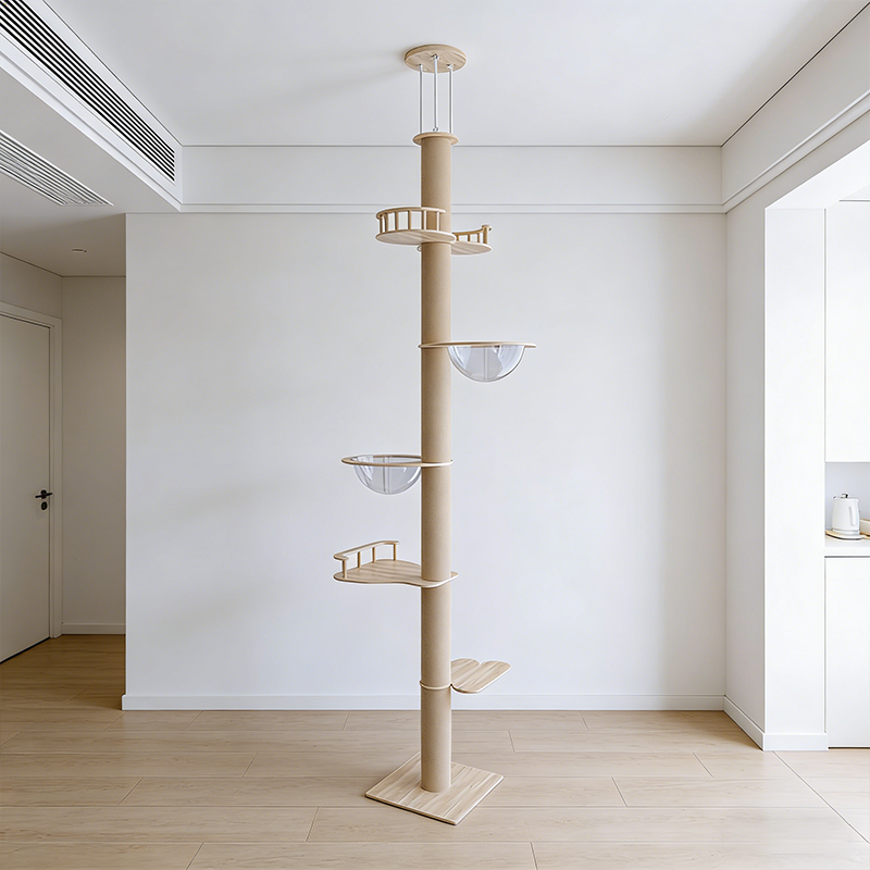 Contemporary Creative Round Plywood Hemp Rope 4-Perch 2-Condo Cat Tree For Living Room