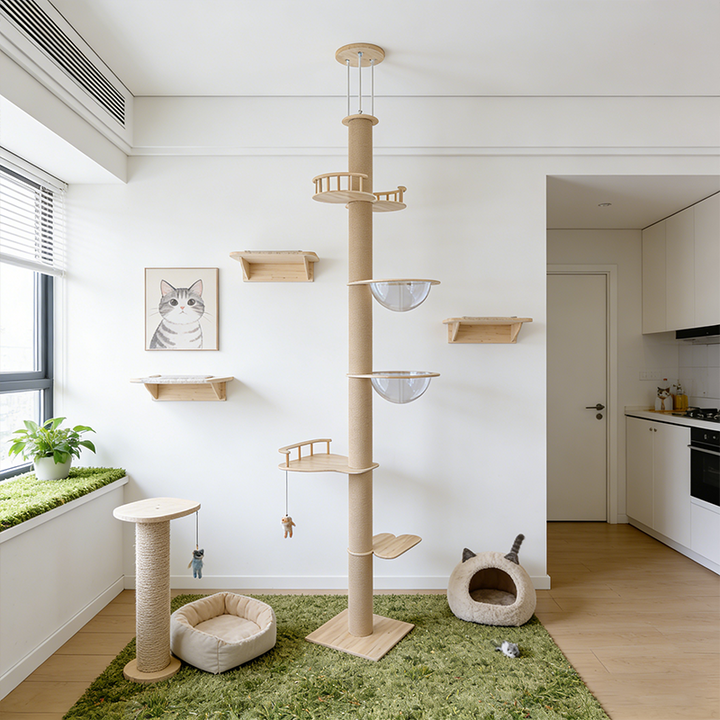 Contemporary Creative Round Plywood Hemp Rope 4-Perch 2-Condo Cat Tree For Living Room
