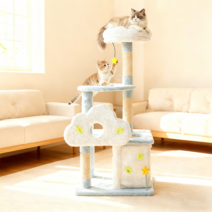 Contemporary Creative Round Particleboard Sisal Velvet Fabric 1-Condo 2-Perch Cat Tree For Living Room
