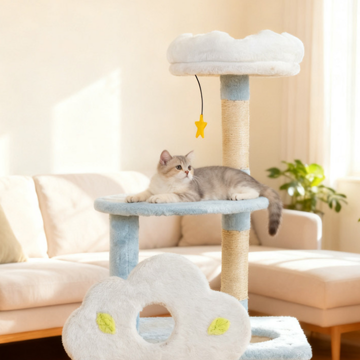 Contemporary Creative Round Particleboard Sisal Velvet Fabric 1-Condo 2-Perch Cat Tree For Living Room