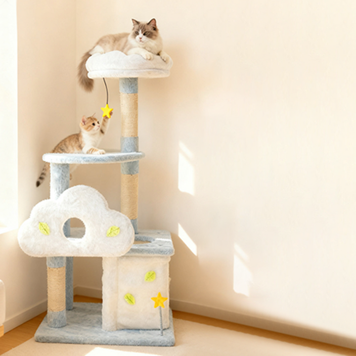 Contemporary Creative Round Particleboard Sisal Velvet Fabric 1-Condo 2-Perch Cat Tree For Living Room