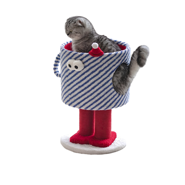 Contemporary Creative Round Particleboard Hemp Rope Velvet Fabric 1-Perch Little Monster Cat Tree For Living Room