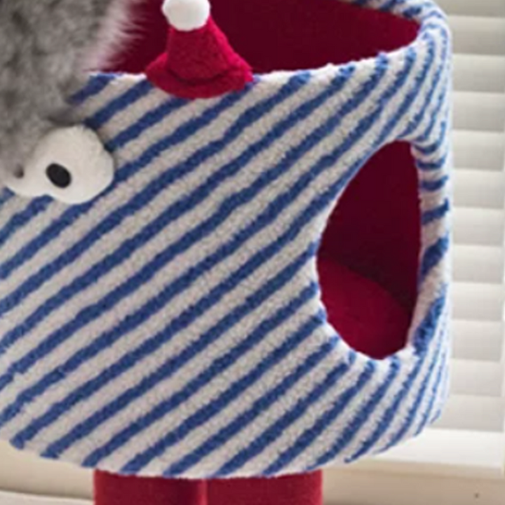 Contemporary Creative Round Particleboard Hemp Rope Velvet Fabric 1-Perch Little Monster Cat Tree For Living Room