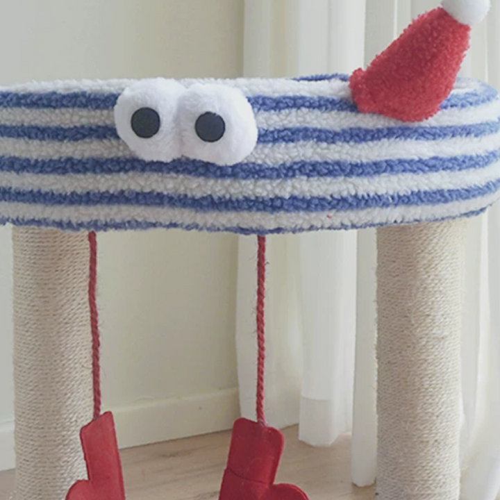 Contemporary Creative Round Particleboard Hemp Rope Velvet Fabric 1-Perch Little Monster Cat Tree For Living Room