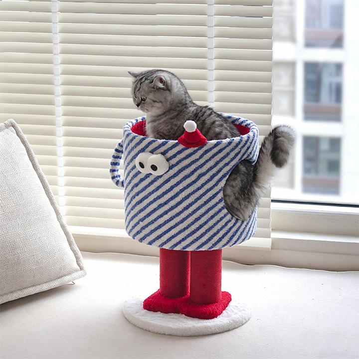 Contemporary Creative Round Particleboard Hemp Rope Velvet Fabric 1-Perch Little Monster Cat Tree For Living Room