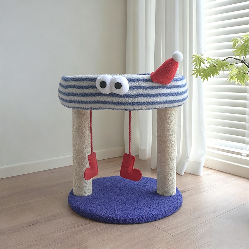 Contemporary Creative Round Particleboard Hemp Rope Velvet Fabric 1-Perch Little Monster Cat Tree For Living Room
