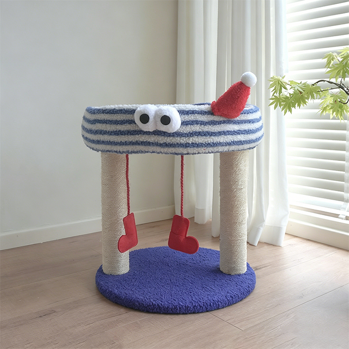 Contemporary Creative Round Particleboard Hemp Rope Velvet Fabric 1-Perch Little Monster Cat Tree For Living Room