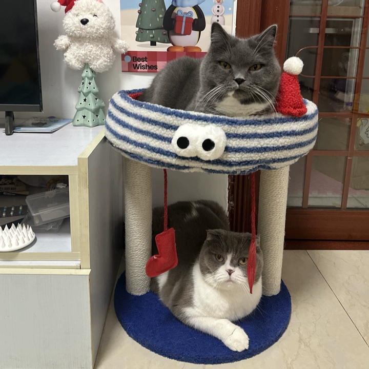 Contemporary Creative Round Particleboard Hemp Rope Velvet Fabric 1-Perch Little Monster Cat Tree For Living Room
