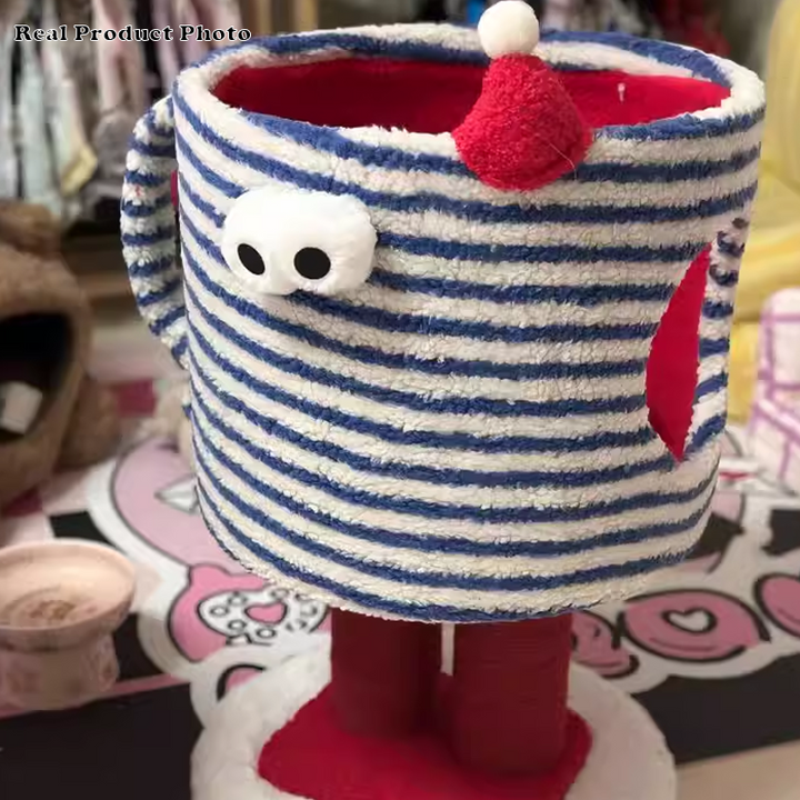 Contemporary Creative Round Particleboard Hemp Rope Velvet Fabric 1-Perch Little Monster Cat Tree For Living Room