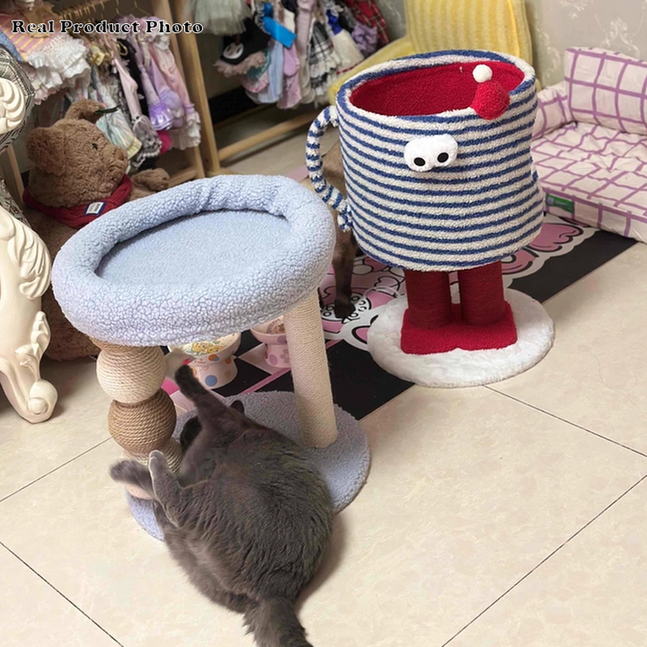 Contemporary Creative Round Particleboard Hemp Rope Velvet Fabric 1-Perch Little Monster Cat Tree For Living Room