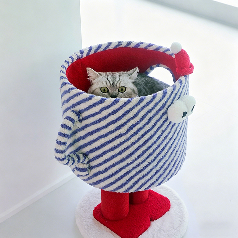 Contemporary Creative Round Particleboard Hemp Rope Velvet Fabric 1-Perch Little Monster Cat Tree For Living Room