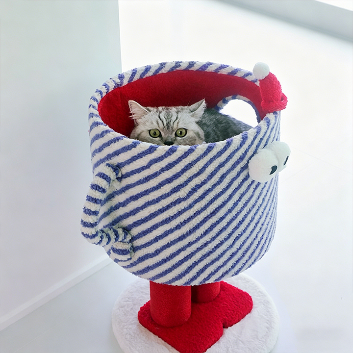 Contemporary Creative Round Particleboard Hemp Rope Velvet Fabric 1-Perch Little Monster Cat Tree For Living Room