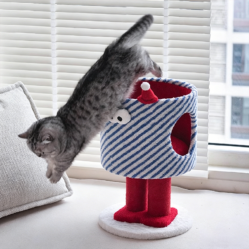 Contemporary Creative Round Particleboard Hemp Rope Velvet Fabric 1-Perch Little Monster Cat Tree For Living Room