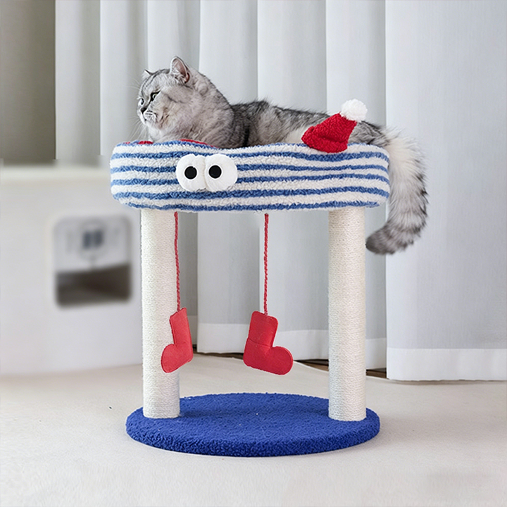 Contemporary Creative Round Particleboard Hemp Rope Velvet Fabric 1-Perch Little Monster Cat Tree For Living Room