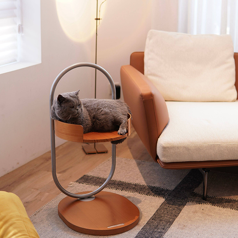 Contemporary Creative Round Pine Wood Medium-Density Fiberboard Iron 1-Perch Multi-Functional Cat Tree For Living Room