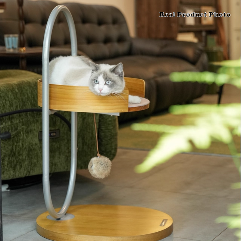 Contemporary Creative Round Pine Wood Medium-Density Fiberboard Iron 1-Perch Multi-Functional Cat Tree For Living Room