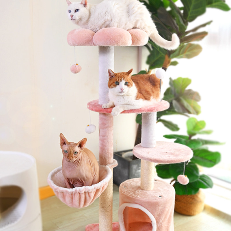 Árbol para gatos floral de tela de terciopelo con cuerda de cáñamo, tablero de fibra de densidad media, diseño creativo contemporáneo, redondo, mediano, de 1/2-condominio y 3/4-percha, para sala de estar 