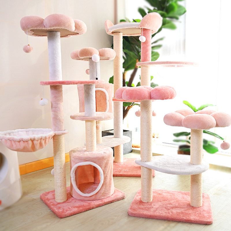 Árbol para gatos floral de tela de terciopelo con cuerda de cáñamo, tablero de fibra de densidad media, diseño creativo contemporáneo, redondo, mediano, de 1/2-condominio y 3/4-percha, para sala de estar 