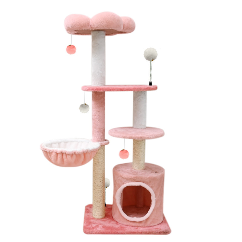Árbol para gatos floral de tela de terciopelo con cuerda de cáñamo, tablero de fibra de densidad media, diseño creativo contemporáneo, redondo, mediano, de 1/2-condominio y 3/4-percha, para sala de estar 