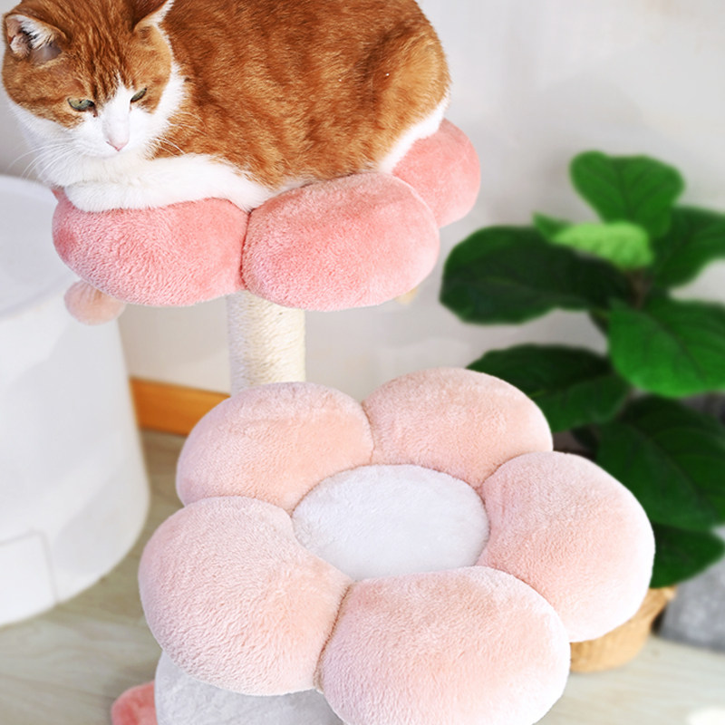 Árbol para gatos floral de tela de terciopelo con cuerda de cáñamo, tablero de fibra de densidad media, diseño creativo contemporáneo, redondo, mediano, de 1/2-condominio y 3/4-percha, para sala de estar 