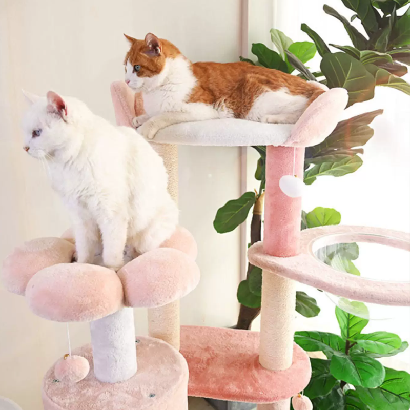Árbol para gatos floral de tela de terciopelo con cuerda de cáñamo, tablero de fibra de densidad media, diseño creativo contemporáneo, redondo, mediano, de 1/2-condominio y 3/4-percha, para sala de estar 