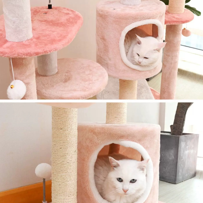 Árbol para gatos floral de tela de terciopelo con cuerda de cáñamo, tablero de fibra de densidad media, diseño creativo contemporáneo, redondo, mediano, de 1/2-condominio y 3/4-percha, para sala de estar 