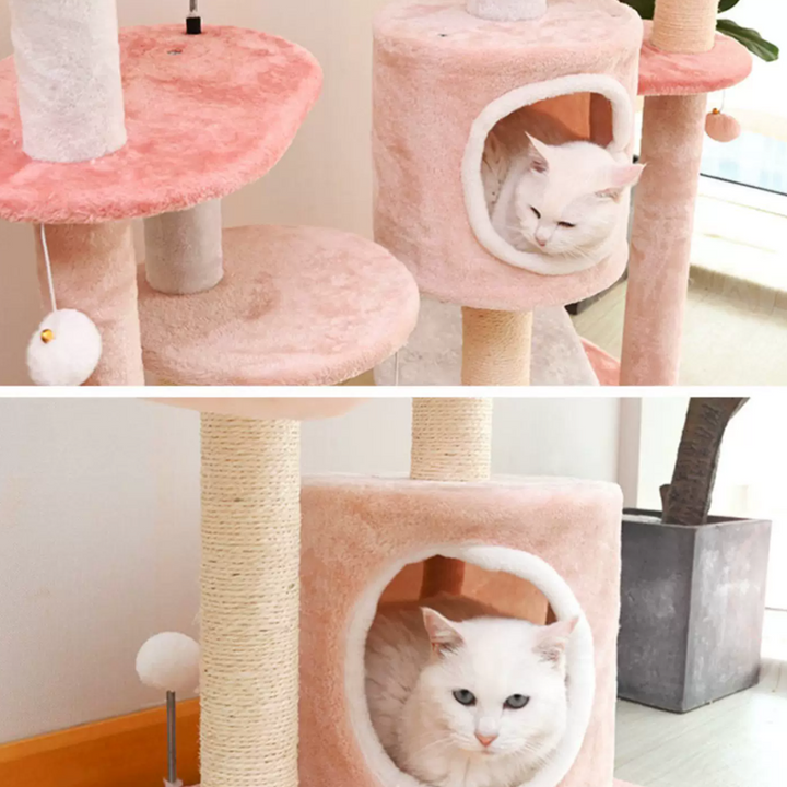 Árbol para gatos floral de tela de terciopelo con cuerda de cáñamo, tablero de fibra de densidad media, diseño creativo contemporáneo, redondo, mediano, de 1/2-condominio y 3/4-percha, para sala de estar 