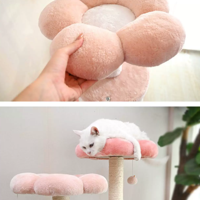 Árbol para gatos floral de tela de terciopelo con cuerda de cáñamo, tablero de fibra de densidad media, diseño creativo contemporáneo, redondo, mediano, de 1/2-condominio y 3/4-percha, para sala de estar 
