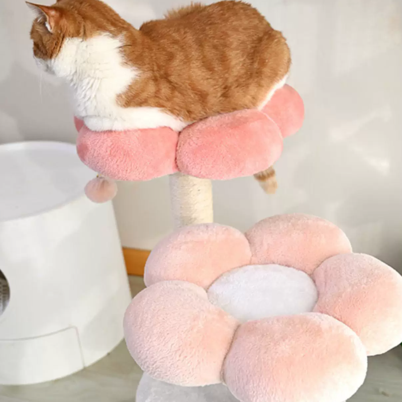 Árbol para gatos floral de tela de terciopelo con cuerda de cáñamo, tablero de fibra de densidad media, diseño creativo contemporáneo, redondo, mediano, de 1/2-condominio y 3/4-percha, para sala de estar 