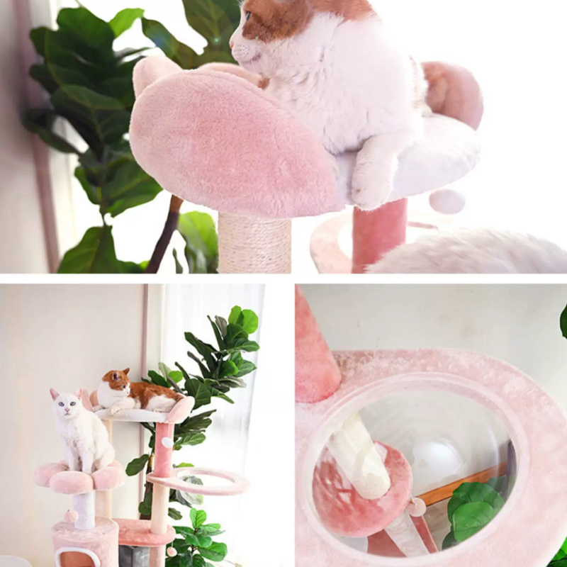 Árbol para gatos floral de tela de terciopelo con cuerda de cáñamo, tablero de fibra de densidad media, diseño creativo contemporáneo, redondo, mediano, de 1/2-condominio y 3/4-percha, para sala de estar 