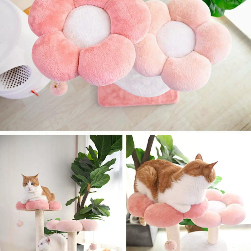 Árbol para gatos floral de tela de terciopelo con cuerda de cáñamo, tablero de fibra de densidad media, diseño creativo contemporáneo, redondo, mediano, de 1/2-condominio y 3/4-percha, para sala de estar 