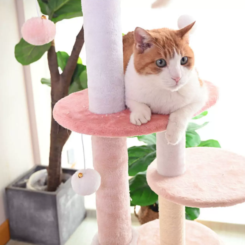 Árbol para gatos floral de tela de terciopelo con cuerda de cáñamo, tablero de fibra de densidad media, diseño creativo contemporáneo, redondo, mediano, de 1/2-condominio y 3/4-percha, para sala de estar 